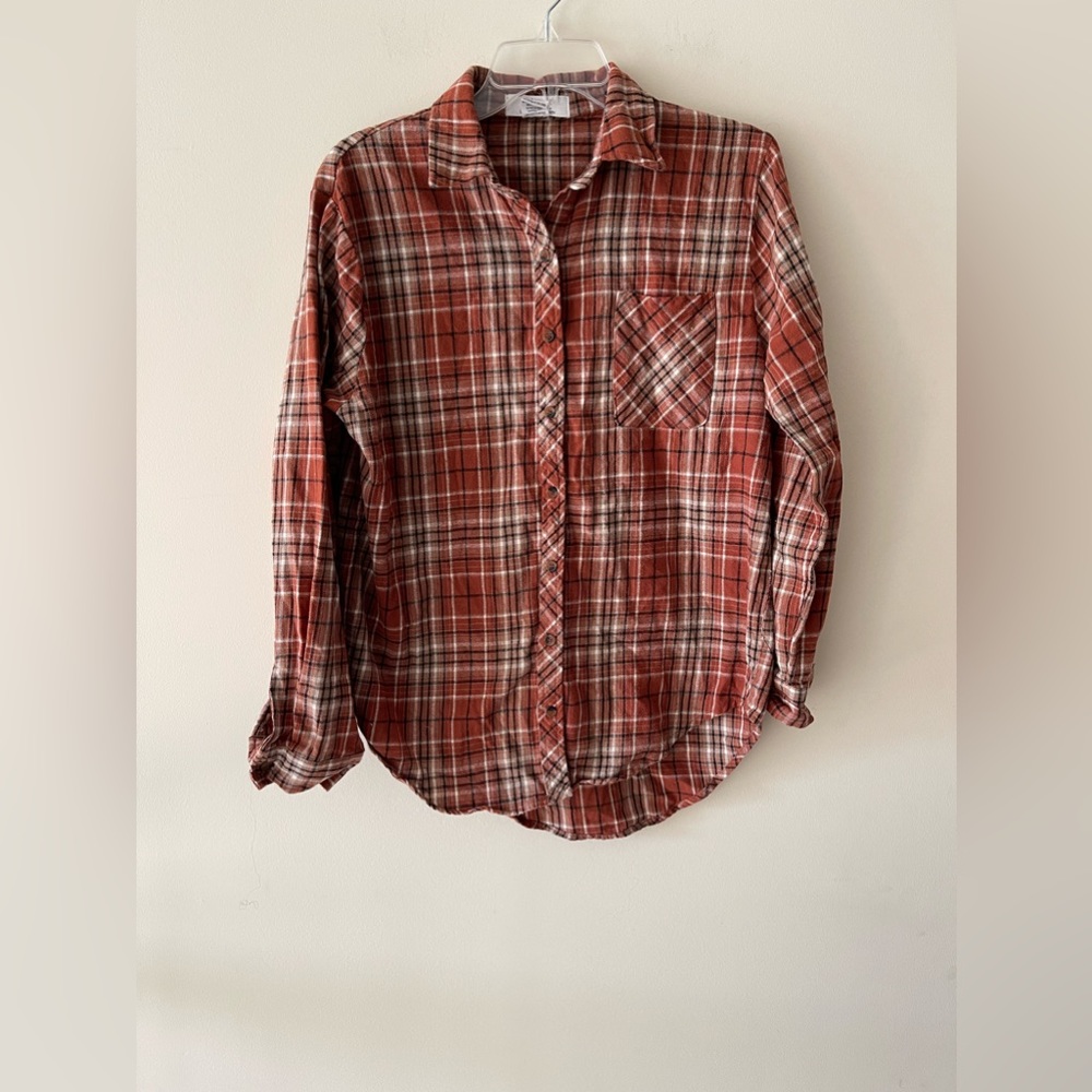 Orange and Brown Plaid Button-front Oversized Flannel Shirt